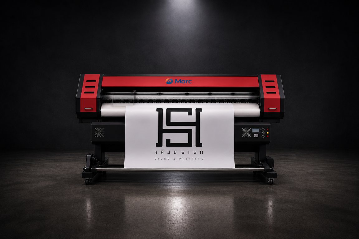Marc wide-format printer with a HajoSign banner, installed in the HajoSign showroom